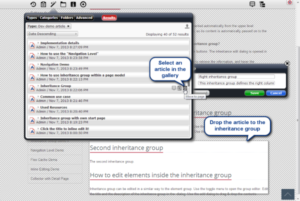 Editing an inheritance group. Please note that the screenshot shows OpenCms 9.5, but functionality has not changed.