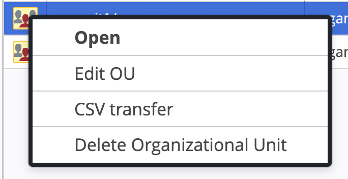 The organizational unit context menu