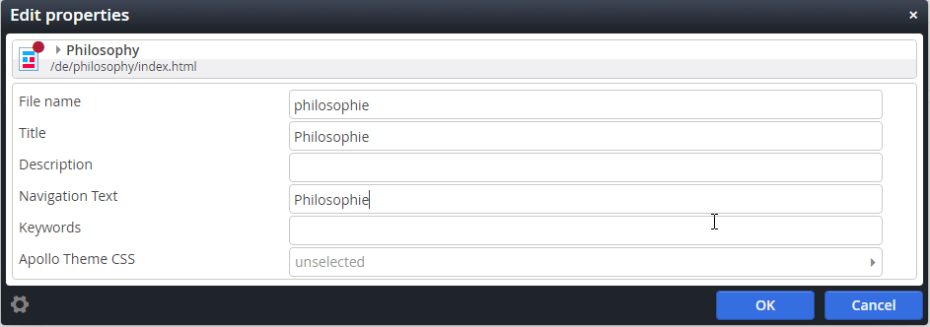We change file name, title and navigation text for the german variant of the 'Philosophy' page