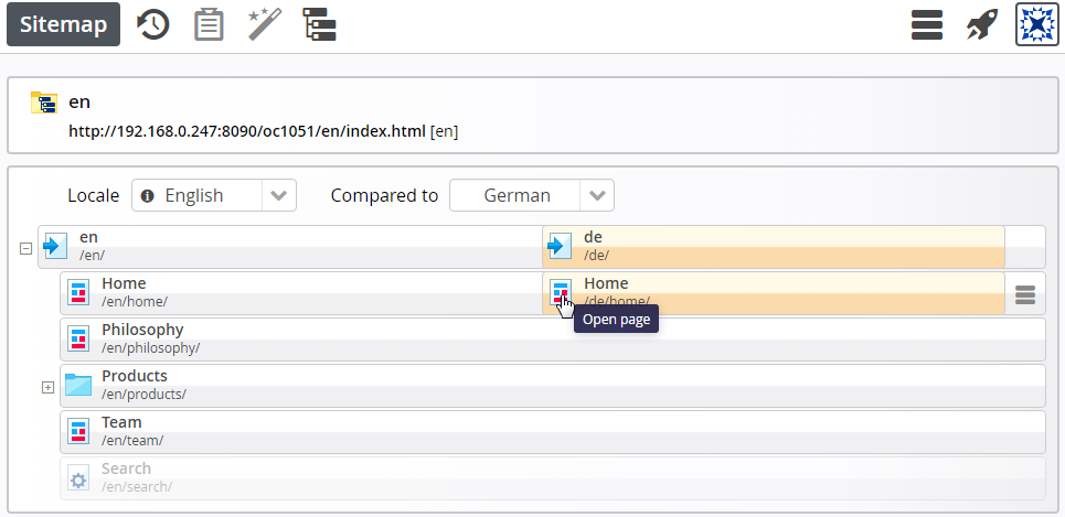Open the just created German 'Home' page in the page editor