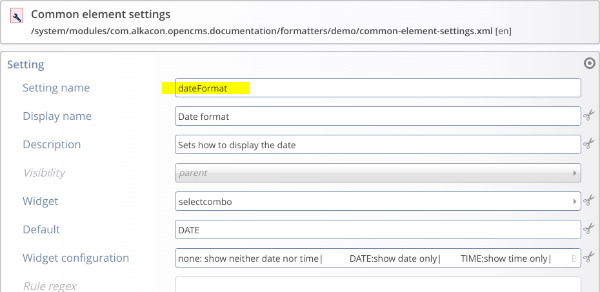 Configuration file with one element setting (dateFormat)