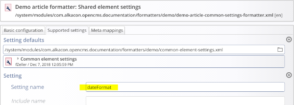 Tab 'Supported Settings' in a formatter configuration