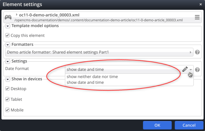 Shared element settings