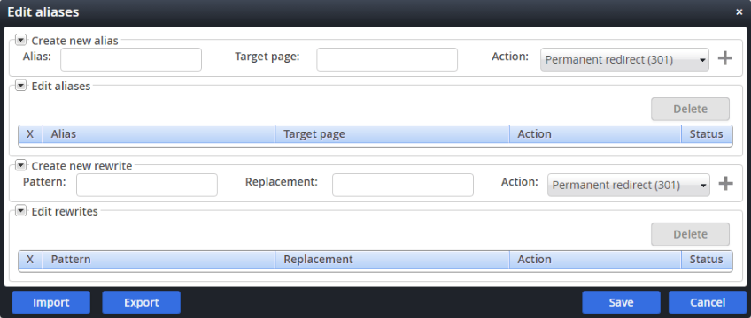 Edit aliases dialog