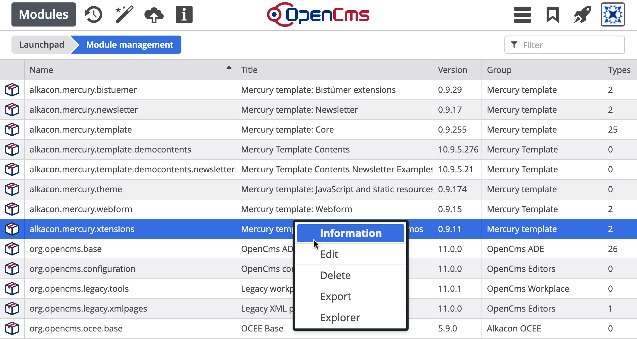 The modules app's main view