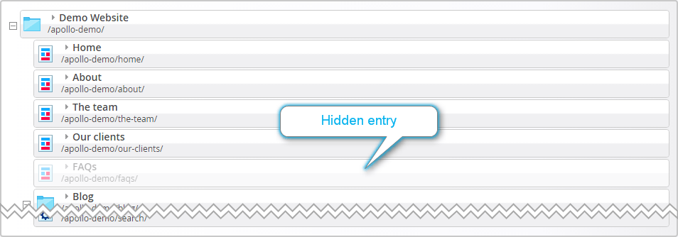 A hidden entry shown in the sitemap editor