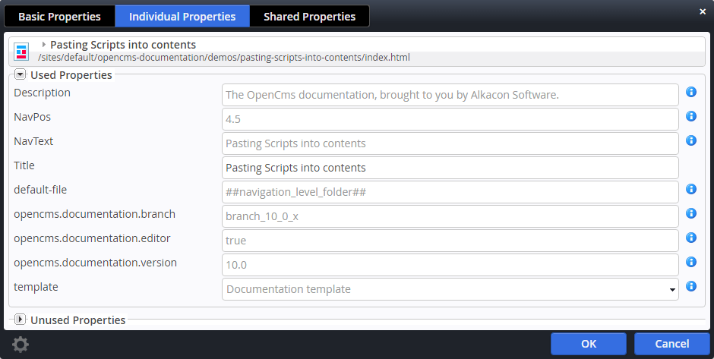 Properties dialog