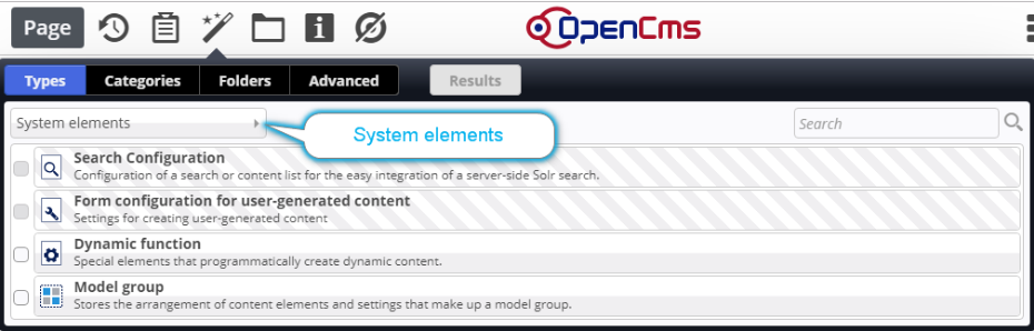 The 'System elements' element view in the add wizard