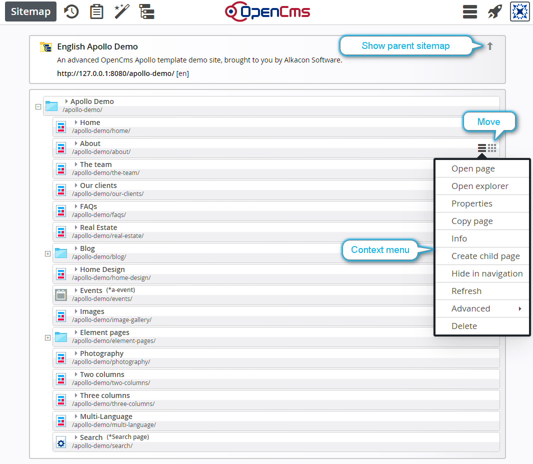 Options of the sitemap editor