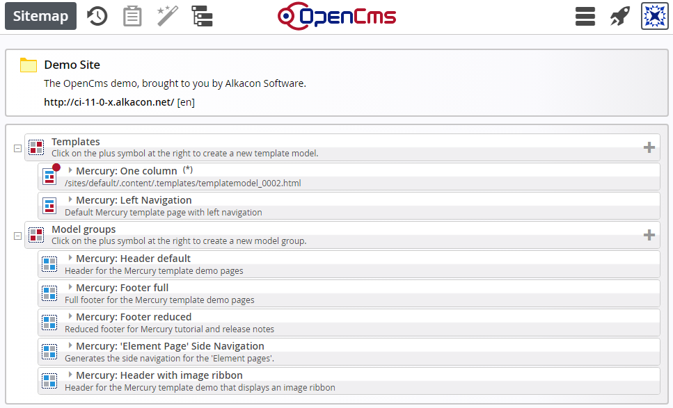 The templates view of the sitemap editor