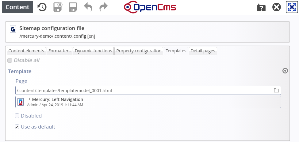 Configuring template models in the sitemap configuration