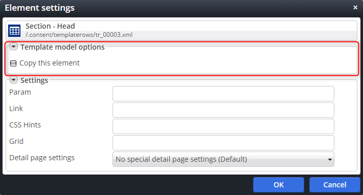 Special element settings for template models