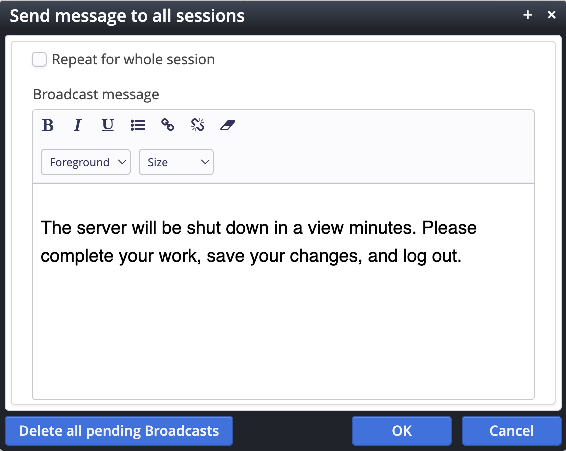 The broadcast message settings dialog