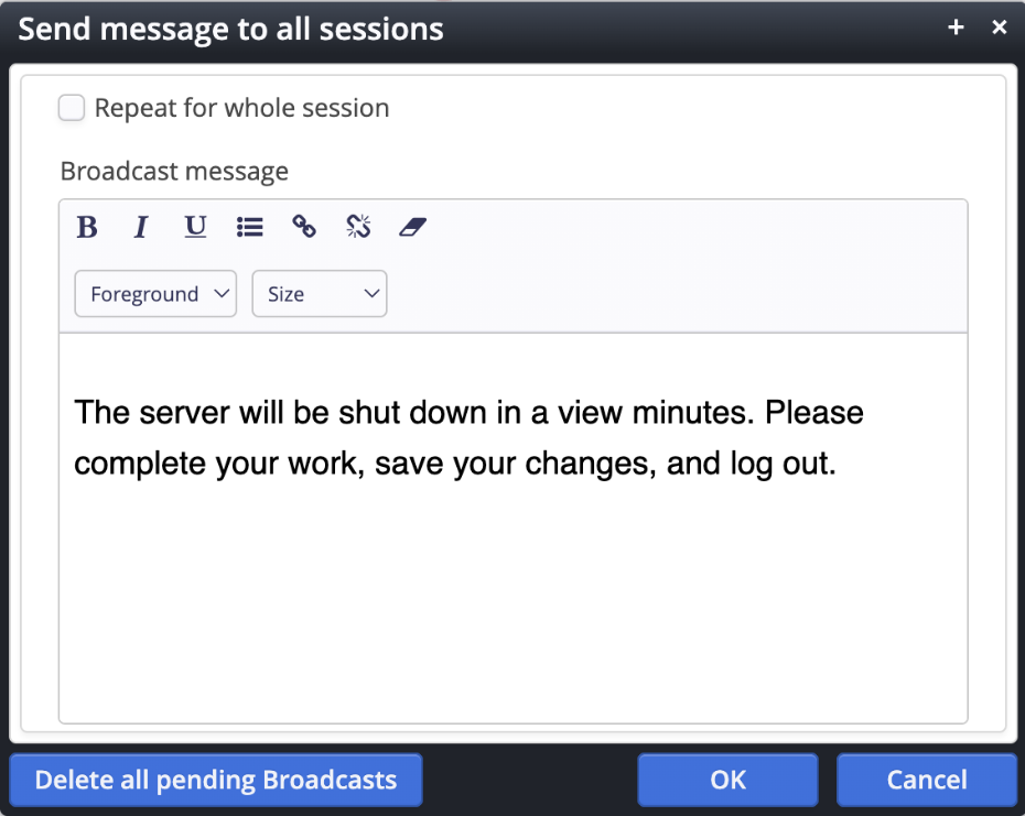 The broadcast message settings dialog