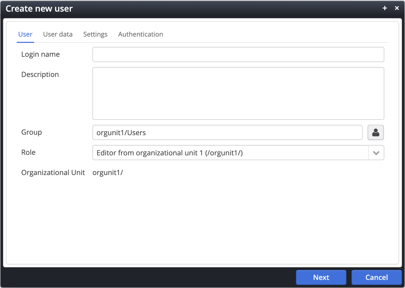 The first tab of the create new user dialog