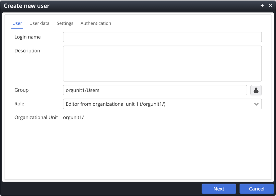 The first tab of the create new user dialog