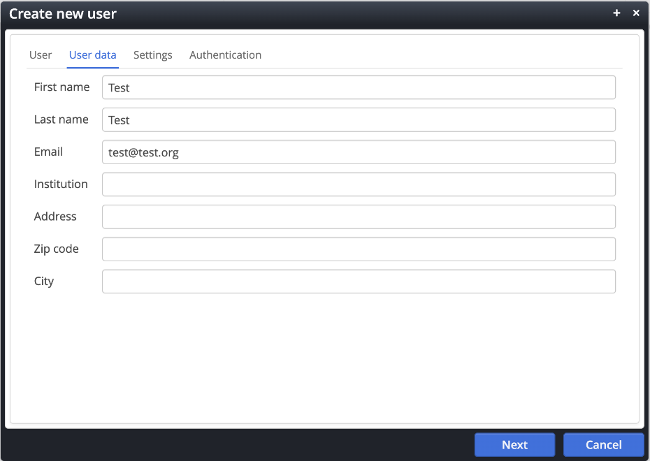 The second tab of the create new user dialog