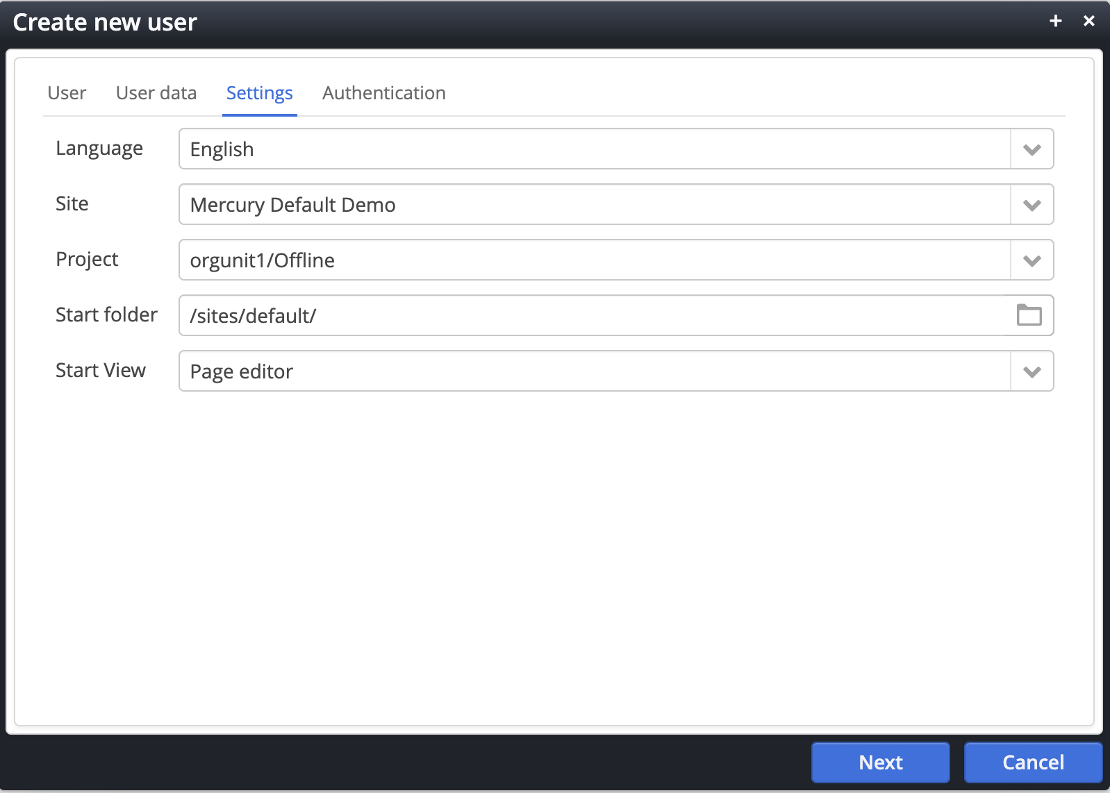 The third tab of the create new user dialog