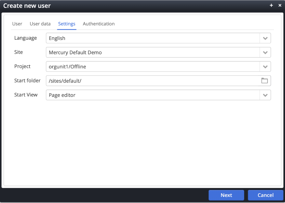 The third tab of the create new user dialog