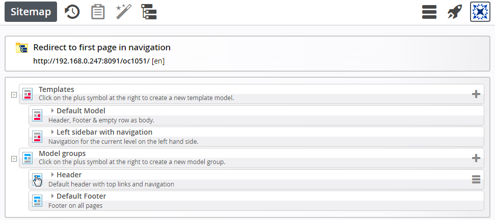 The 'Template view' for the root sitemap of the tutorial site: Click 'Header' to edit the model group