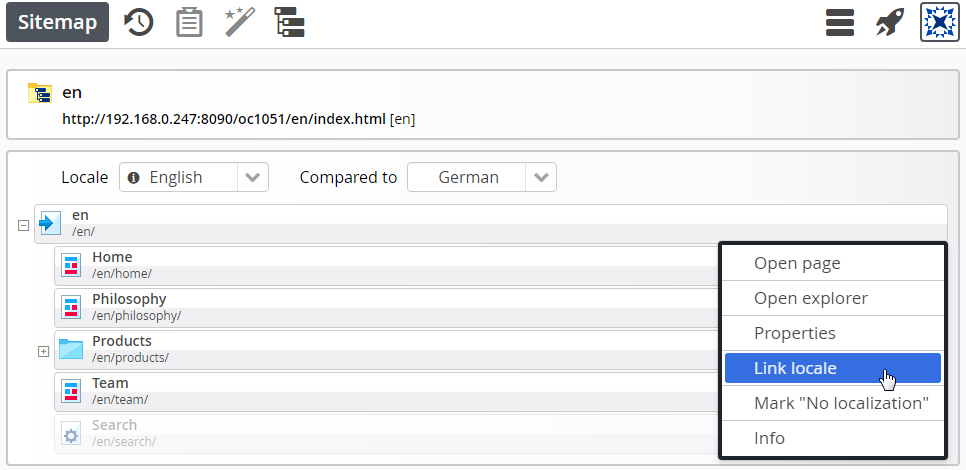 Choose 'Link locale' in the context menu of the sub-sitemap's root