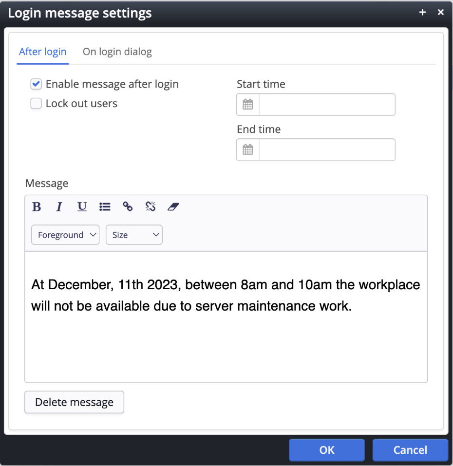 First tab of the login message settings dialog