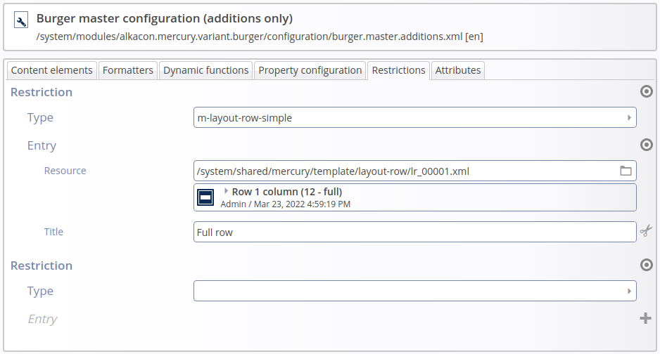 Restriction tab of the Sitemap master configuration