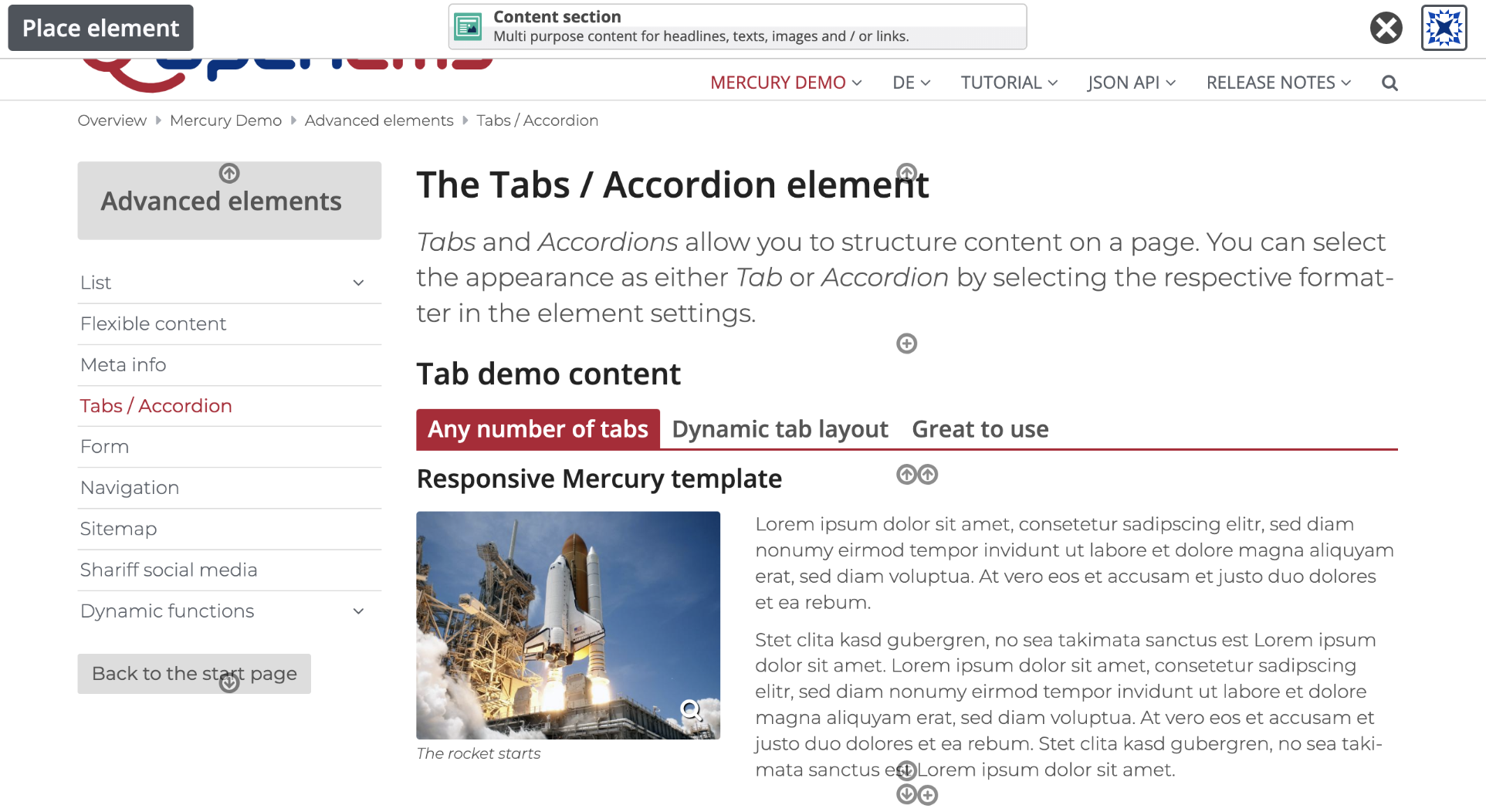 Appearance of the page editor when in the 'place element' mode