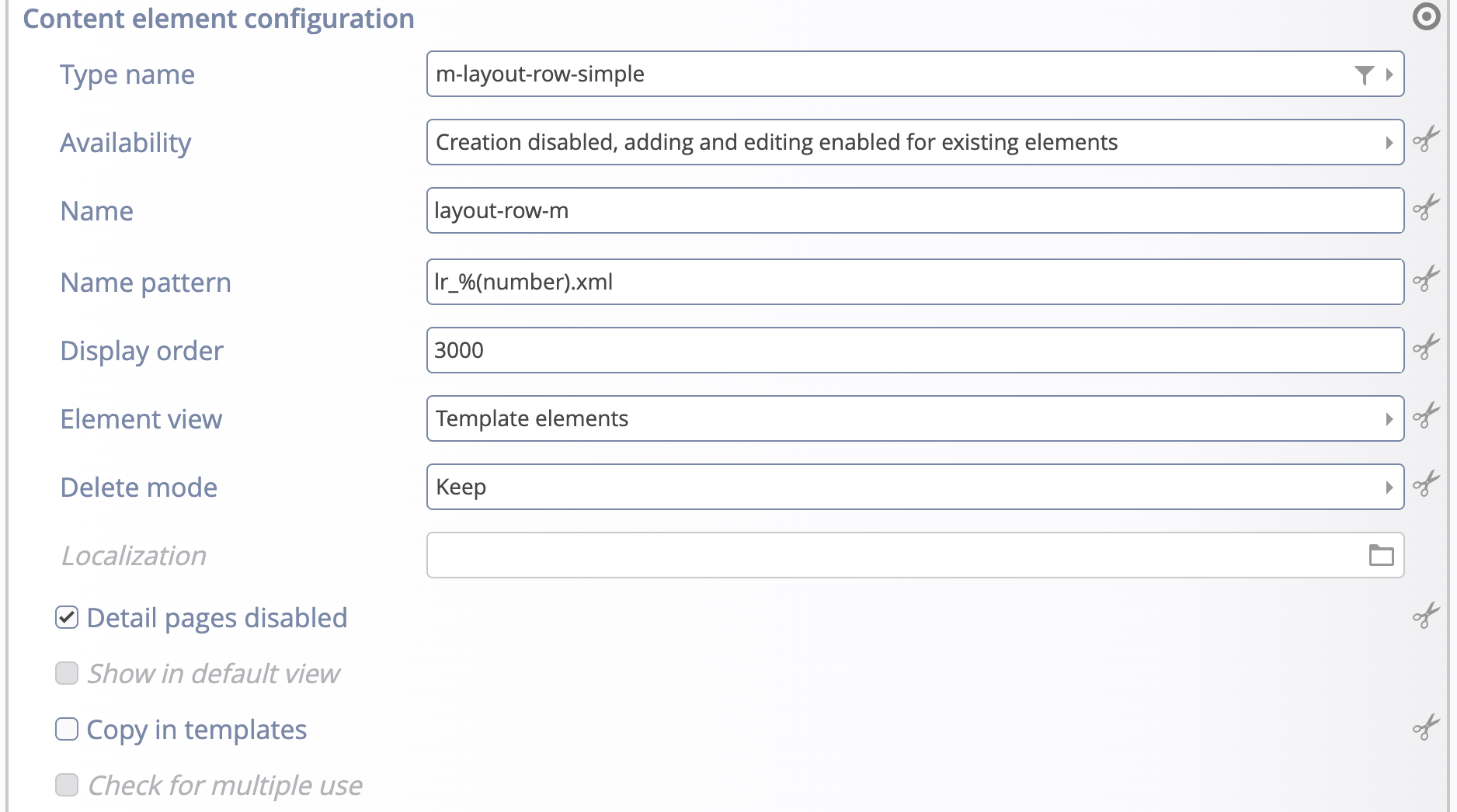 Configuration options for one content type as shown in the form-based editor (module configuration)