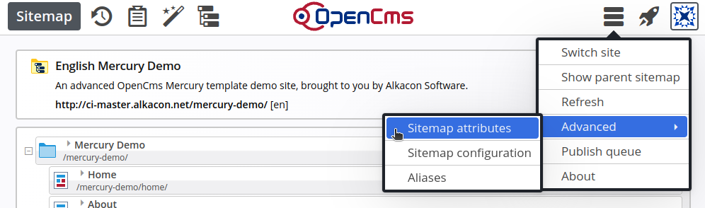 Sitemap attributes context menu